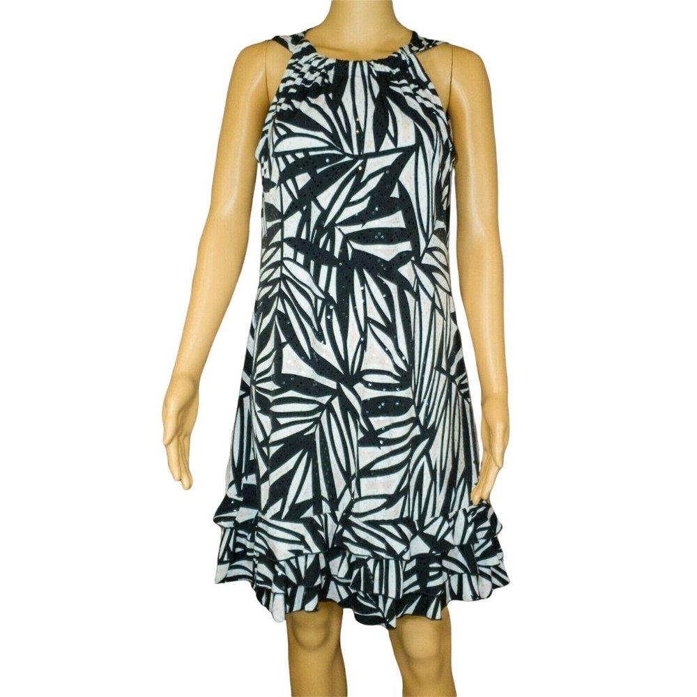 MSK Ruffle Trim Dress Black/White/Pink Dress with Sequins Size M